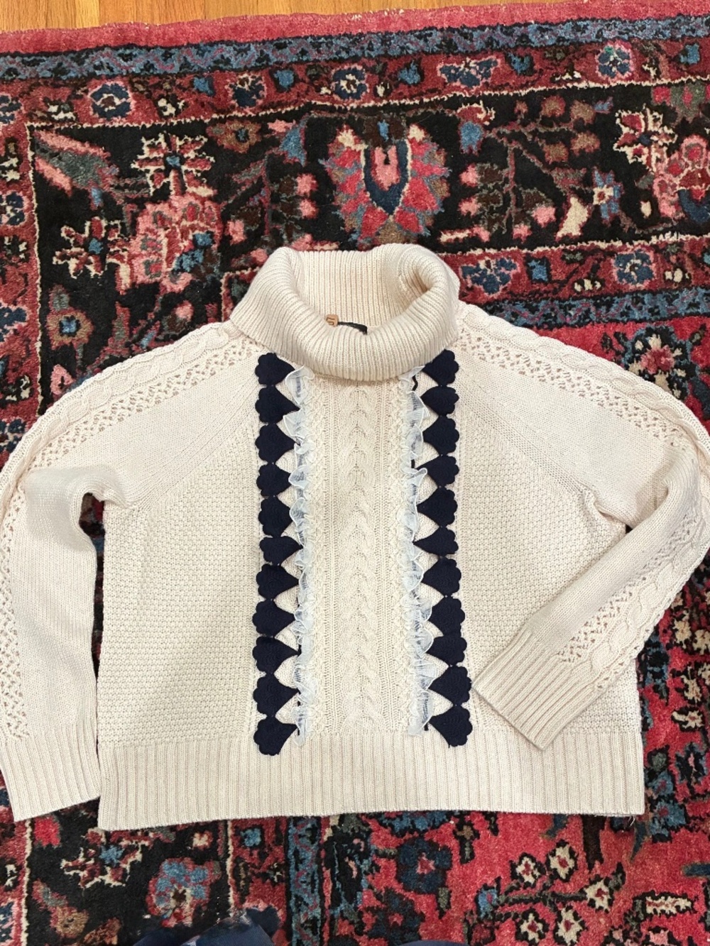 Jcrew Cream and Black Turtleneck Sweater with Ruffle Detail